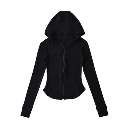 Plain Zippered Hooded Sweatshirt