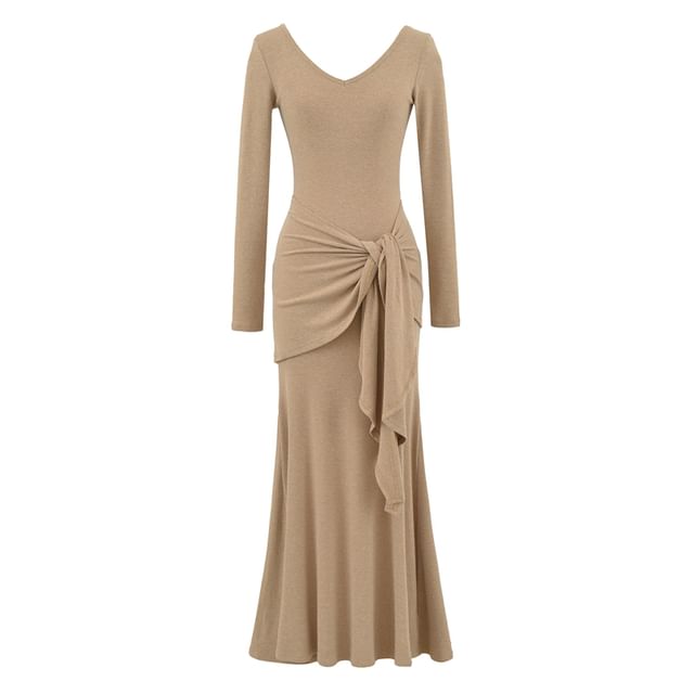 Long-Sleeve V-Neck Plain Tie Waist Maxi Mermaid Dress