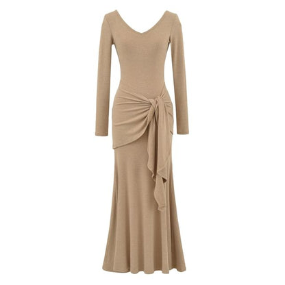 Long-Sleeve V-Neck Plain Tie Waist Maxi Mermaid Dress