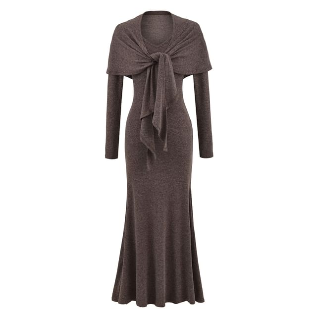 Long-Sleeve V-Neck Plain Tie Waist Maxi Mermaid Dress