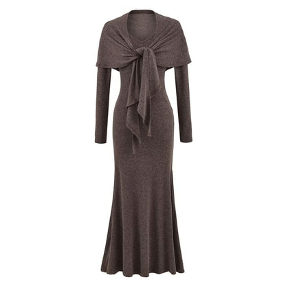 Long-Sleeve V-Neck Plain Tie Waist Maxi Mermaid Dress