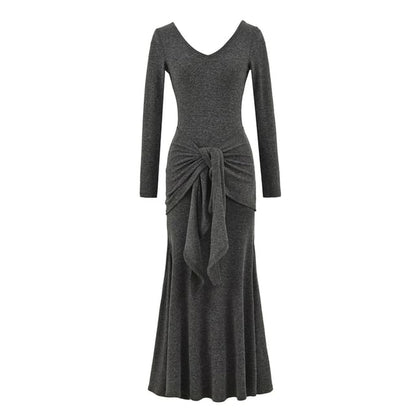 Long-Sleeve V-Neck Plain Tie Waist Maxi Mermaid Dress