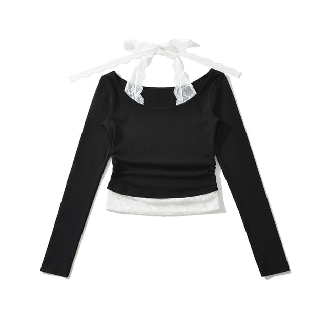 Scoop-Neck Sleeved Plain Lace-Trimmed Tee