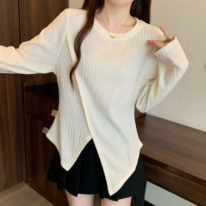 Asymmetric Sleeved Crewneck Plain Casual Top