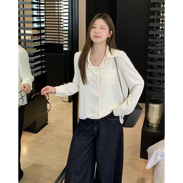 Pocketed Plain Sleeved Button-Up Shirt