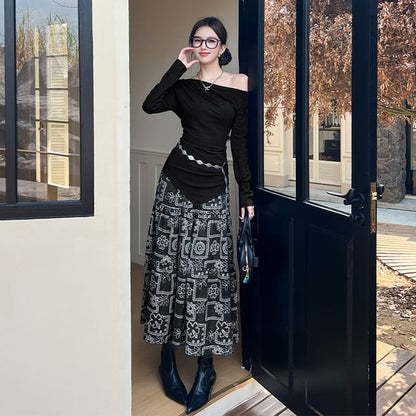 Off-Shoulder Sleeved Top & High-Waisted Maxi Skirt Set
