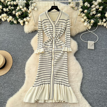 Long-Sleeve V-Neck Striped Maxi Mermaid Dress