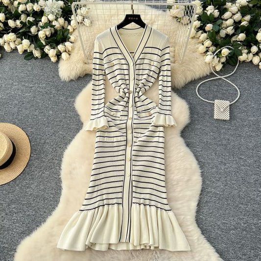 Long-Sleeve V-Neck Striped Maxi Mermaid Dress