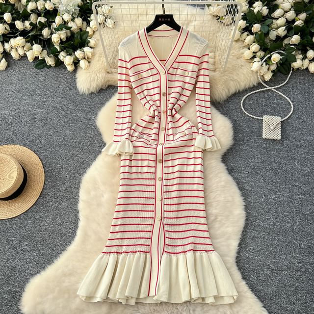 Long-Sleeve V-Neck Striped Maxi Mermaid Dress
