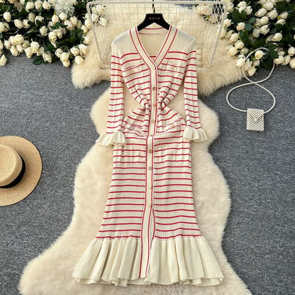 Long-Sleeve V-Neck Striped Maxi Mermaid Dress