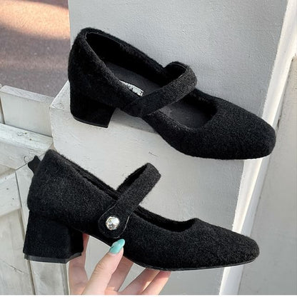Square Toe Felt Block Heel Mary Jane Pumps