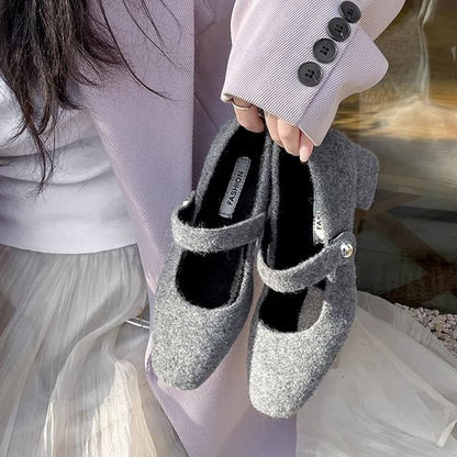 Square Toe Felt Block Heel Mary Jane Pumps