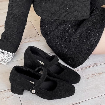Square Toe Felt Block Heel Mary Jane Pumps