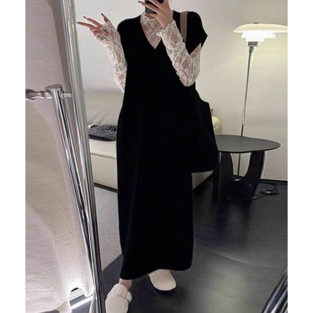 Short Sleeve V-Neck Plain Knit Maxi A-Line Pinafore Dress