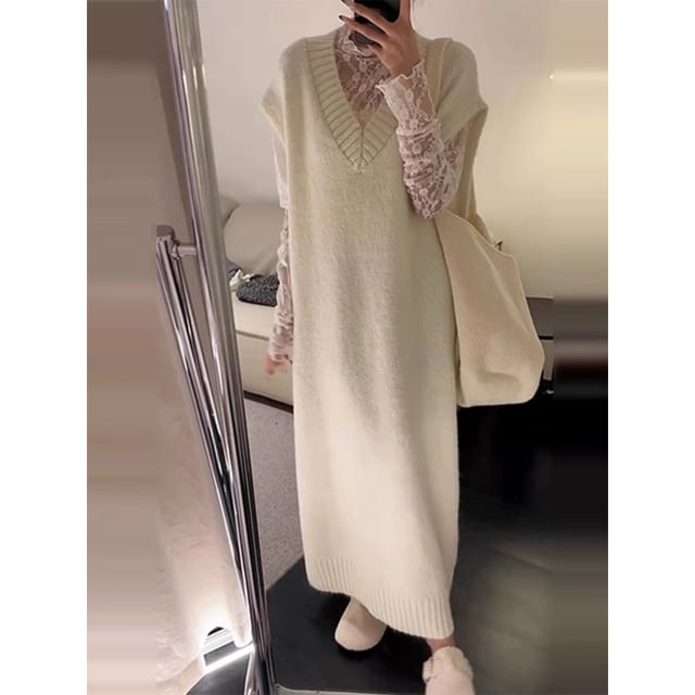 Short Sleeve V-Neck Plain Knit Maxi A-Line Pinafore Dress
