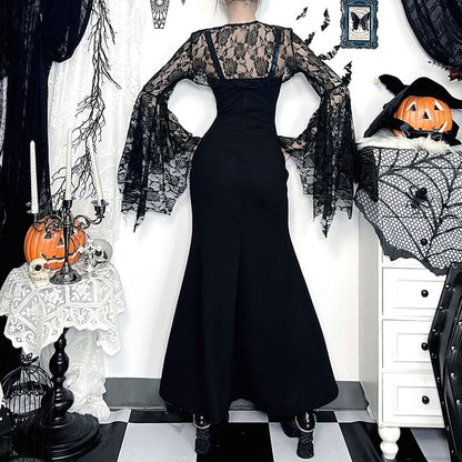 Spaghetti Strap Glitter Maxi A-Line Dress / Long-Sleeve Lace Shrug