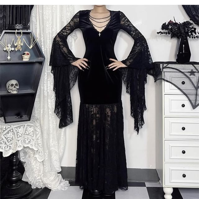 Long-Sleeve V-Neck Plain Lace Maxi Bodycon Dress