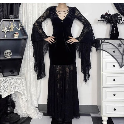 Long-Sleeve V-Neck Plain Lace Maxi Bodycon Dress