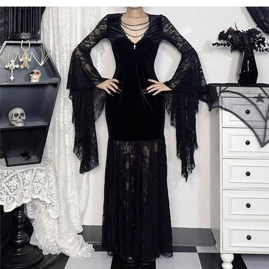 Long-Sleeve V-Neck Plain Lace Maxi Bodycon Dress