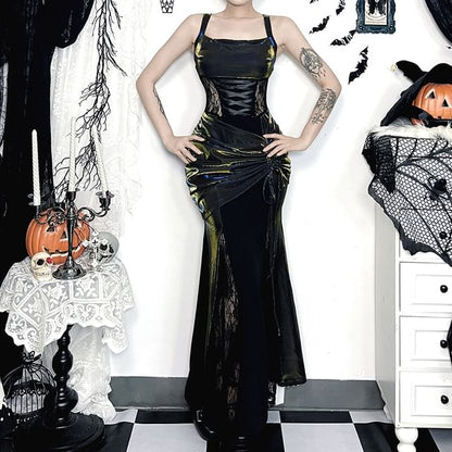 Spaghetti Strap Glitter Maxi A-Line Dress / Long-Sleeve Lace Shrug