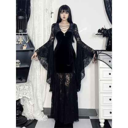 Long-Sleeve V-Neck Plain Lace Maxi Bodycon Dress