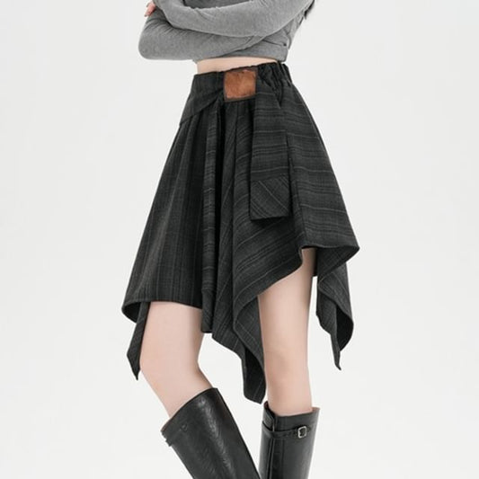 Plaid Asymmetrical Tie Front A-Line Skirt