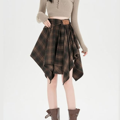 Plaid Asymmetrical Tie Front A-Line Skirt