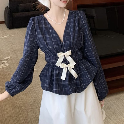 Peplum Blouse with Plaid Pattern and Bow Accent at V-Neck