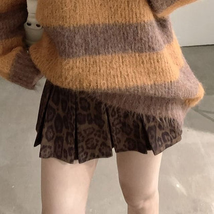 Leopard & Faux Suede Mini Pleated Skirt