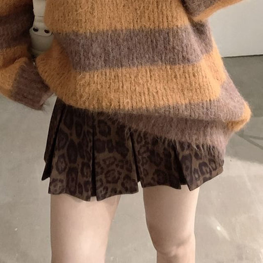 Leopard & Faux Suede Mini Pleated Skirt