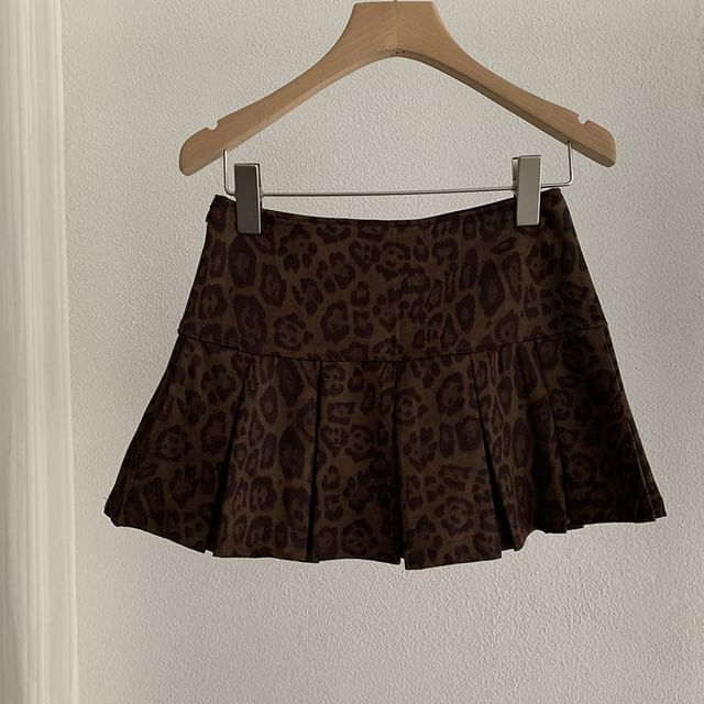 Leopard & Faux Suede Mini Pleated Skirt