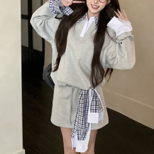 Plaid Panel Sweatshirt with Mini A-Line Skirt and Sash Set