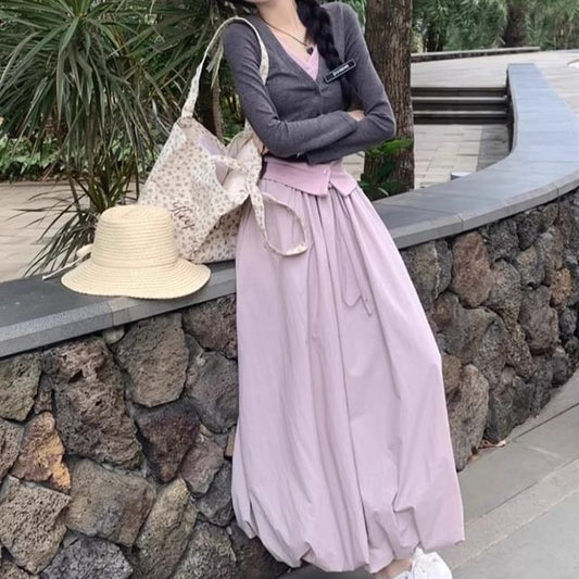 Two-Tone Button Knit Top with Drawstring Bubble Hem Midi Skirt
