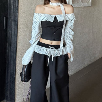 Off-Shoulder Cropped Blouse with Dotted Panels and Ruffle Pants Set