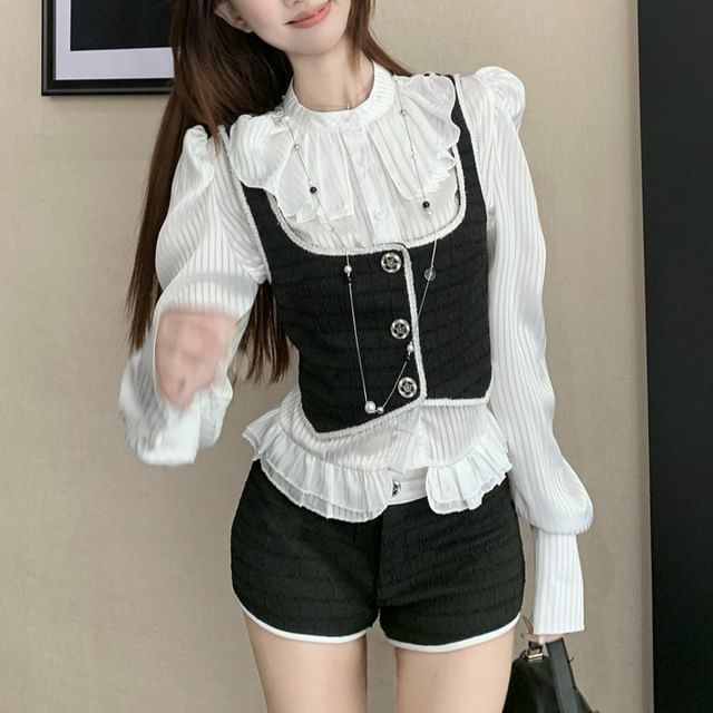 Striped Ruffle Blouse with Band Collar and Crop Vest Shorts Set