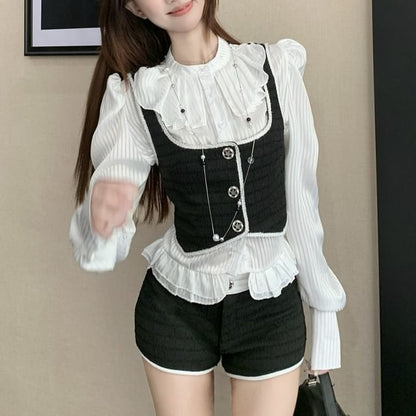 Striped Ruffle Blouse with Band Collar and Crop Vest Shorts Set