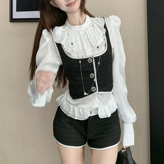 Striped Ruffle Blouse with Band Collar and Crop Vest Shorts Set