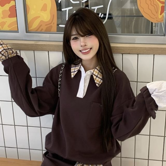 Plaid Panel Sweatshirt with Mini A-Line Skirt and Sash Set