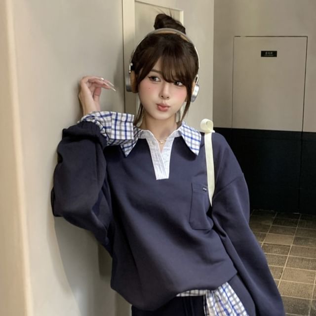 Plaid Panel Sweatshirt with Mini A-Line Skirt and Sash Set