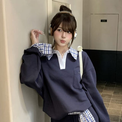 Plaid Panel Sweatshirt with Mini A-Line Skirt and Sash Set