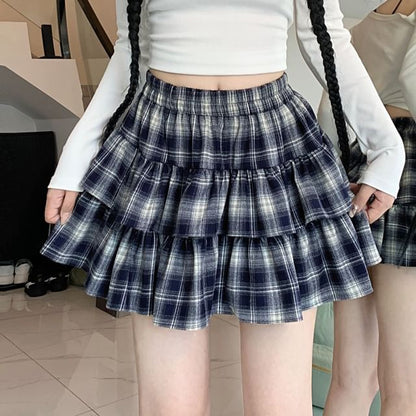 Elastic Waist Plaid Tiered Mini A-Line Skirt