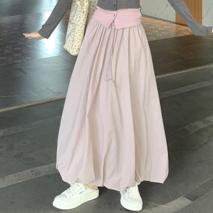 Two-Tone Button Knit Top with Drawstring Bubble Hem Midi Skirt