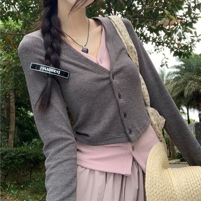 Two-Tone Button Knit Top with Drawstring Bubble Hem Midi Skirt