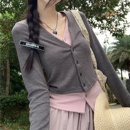 Two-Tone Button Knit Top with Drawstring Bubble Hem Midi Skirt