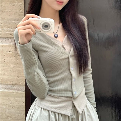 Two-Tone Button Knit Top with Drawstring Bubble Hem Midi Skirt