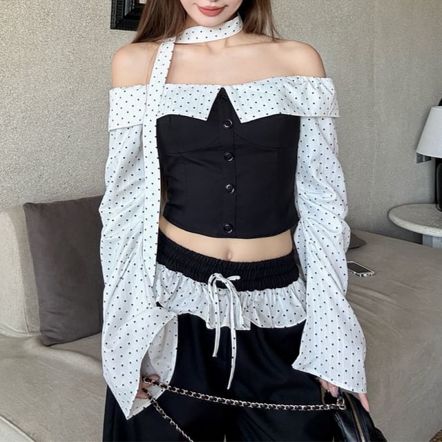 Off-Shoulder Cropped Blouse with Dotted Panels and Ruffle Pants Set