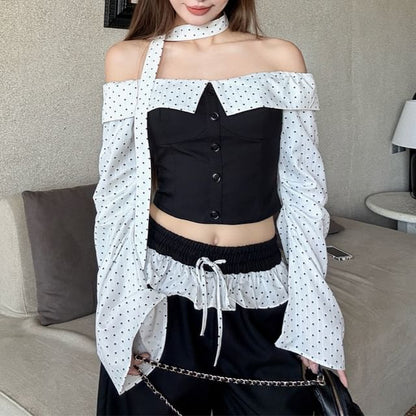 Off-Shoulder Cropped Blouse with Dotted Panels and Ruffle Pants Set