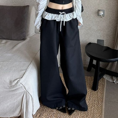 Off-Shoulder Cropped Blouse with Dotted Panels and Ruffle Pants Set