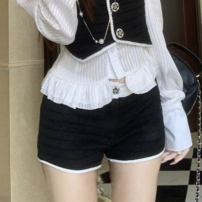 Striped Ruffle Blouse with Band Collar and Crop Vest Shorts Set