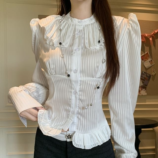 Striped Ruffle Blouse with Band Collar and Crop Vest Shorts Set